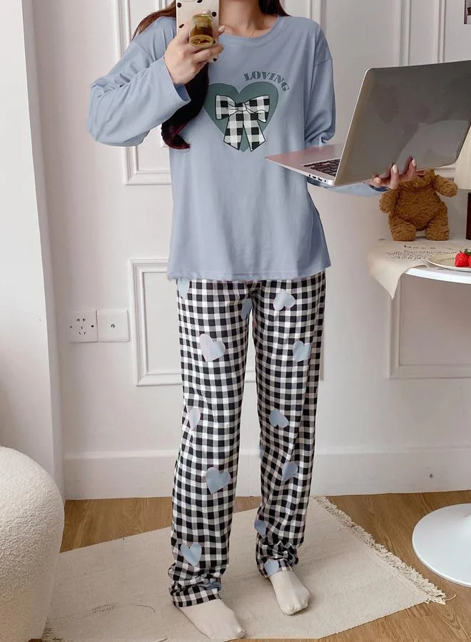 Take Two  Blue Heart Long Sleeve T-Shirt and Checked Pyjama Set for Women | Best Price UAE